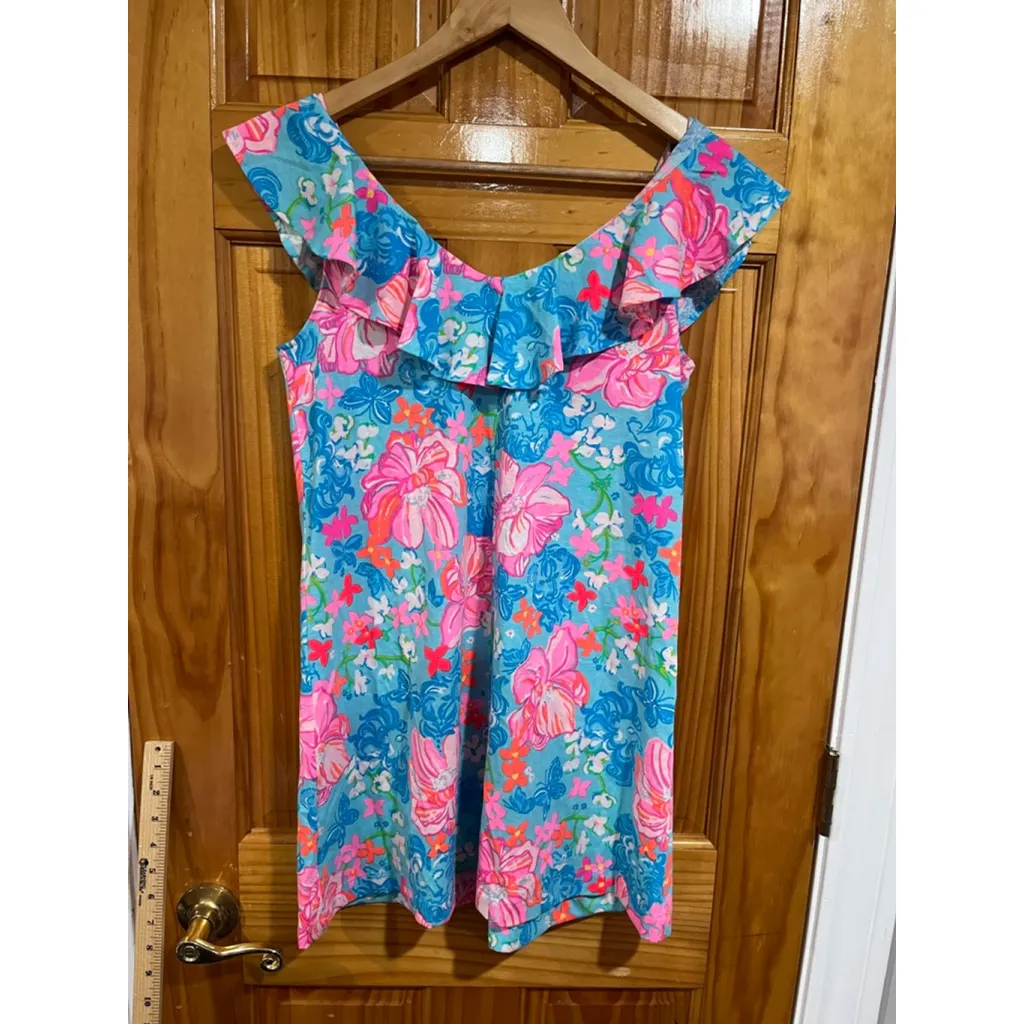 Lilly Pulitzer Alessa Pink Floral Tropical Ruffle Dress Pima Cotton Size XS - Image 3