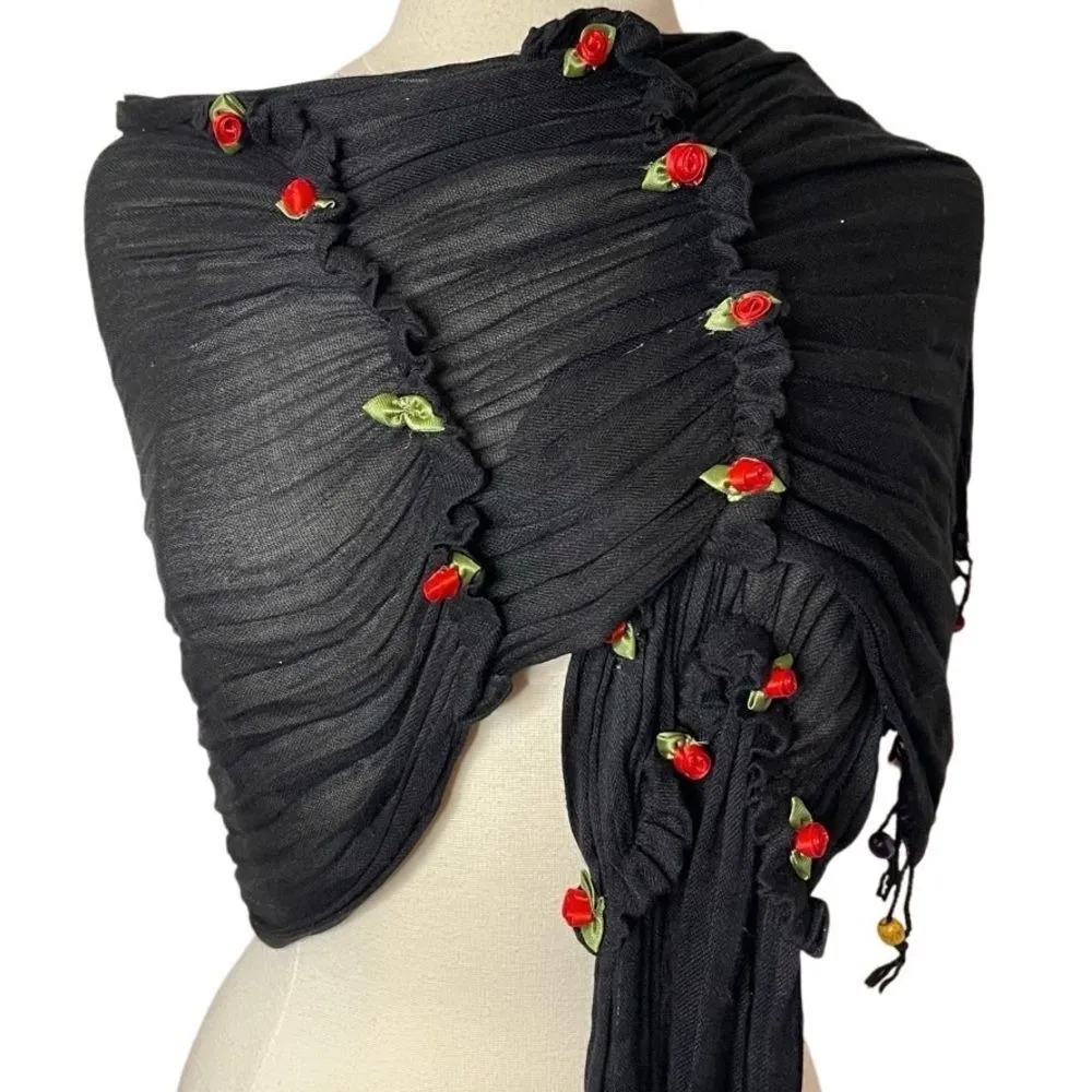 PASHMINA Black Embellished with Floral Appliqués & Beaded Fringe‎ - Image 4