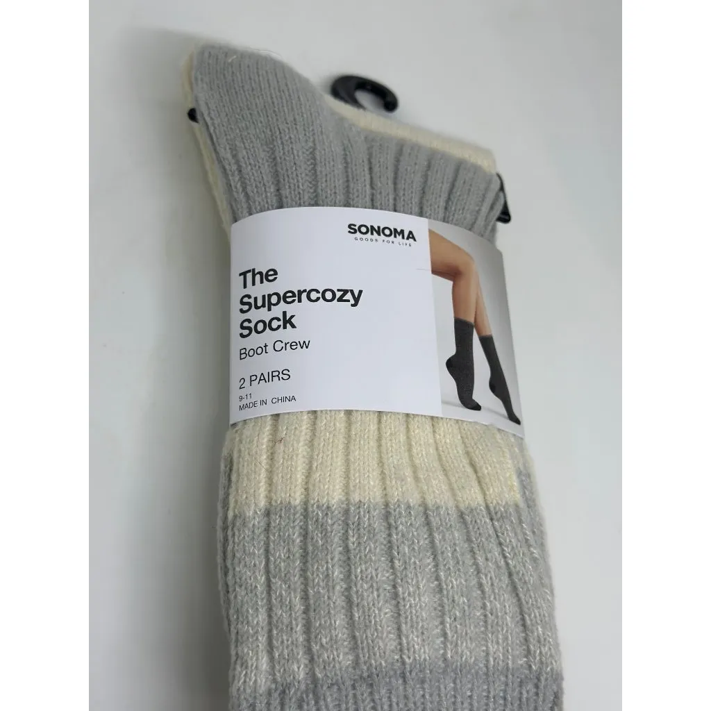 NEW Sonoma Super Cozy Boot Sock 2-Pair Set Gray Beige Fleece Size 9–11 Soft Crew - Image 2