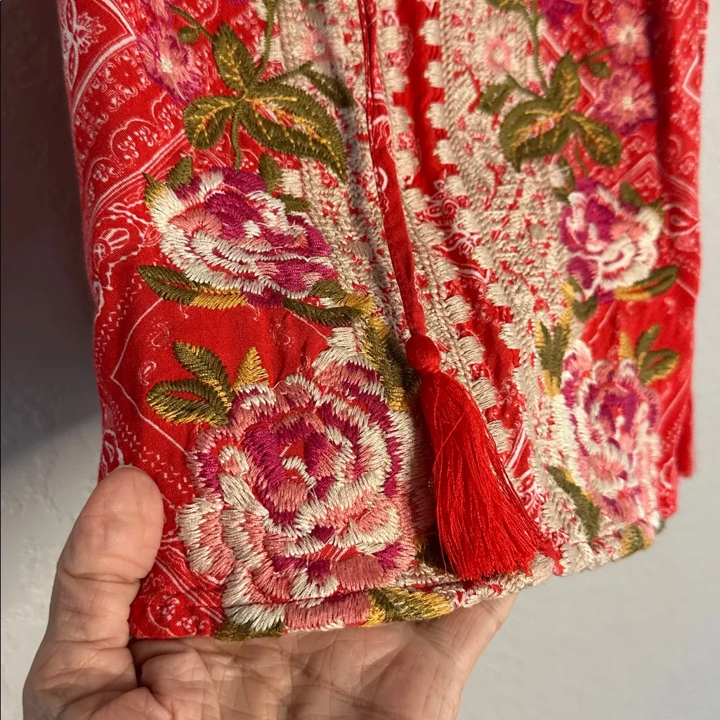 Savanna Jane Red Handkerchief Embroidered Top Halter Tassels Boho Cowgirl Small - Image 7