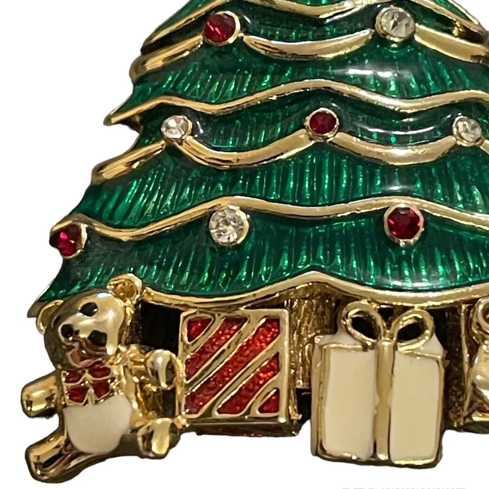 Monet Vintage Brooch Pin Christmas Tree Bear Presents Rhinestone Gold Tone EUC - Image 8