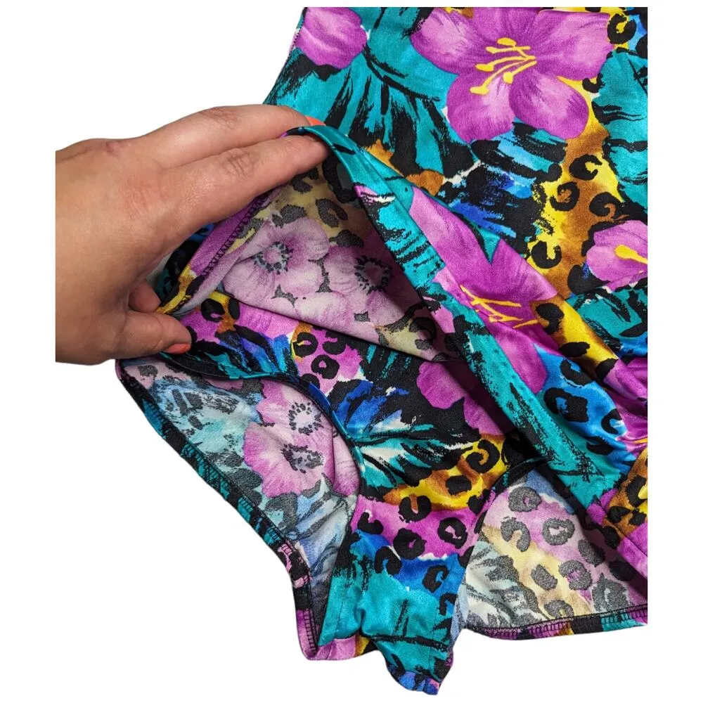 Vtg 1990s Mainstream Purple Teal Floral Leopard Skirted One Piece Swimsuit 14 - Image 3