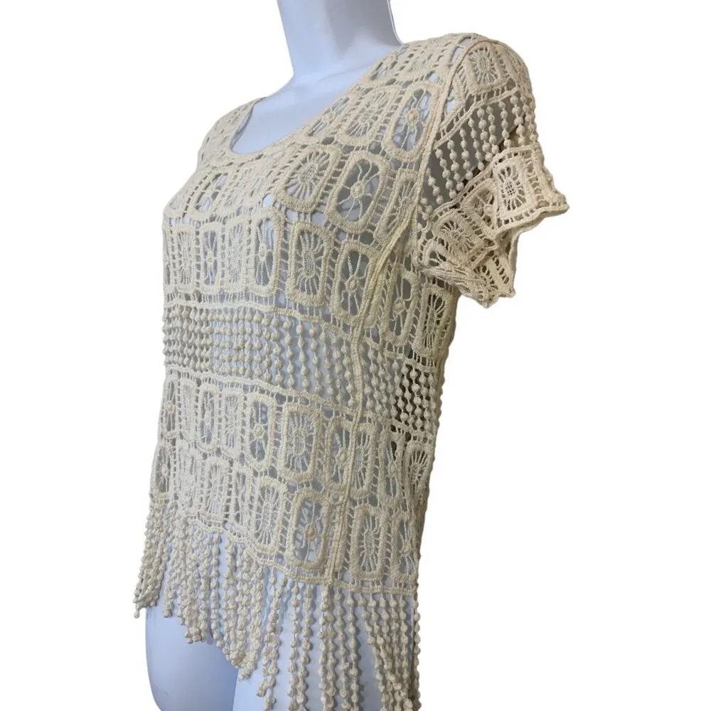 Vintage 90s Sweater Womens Cottagecore Grannie Square Crochet Style Fringe Size undefined - Image 3