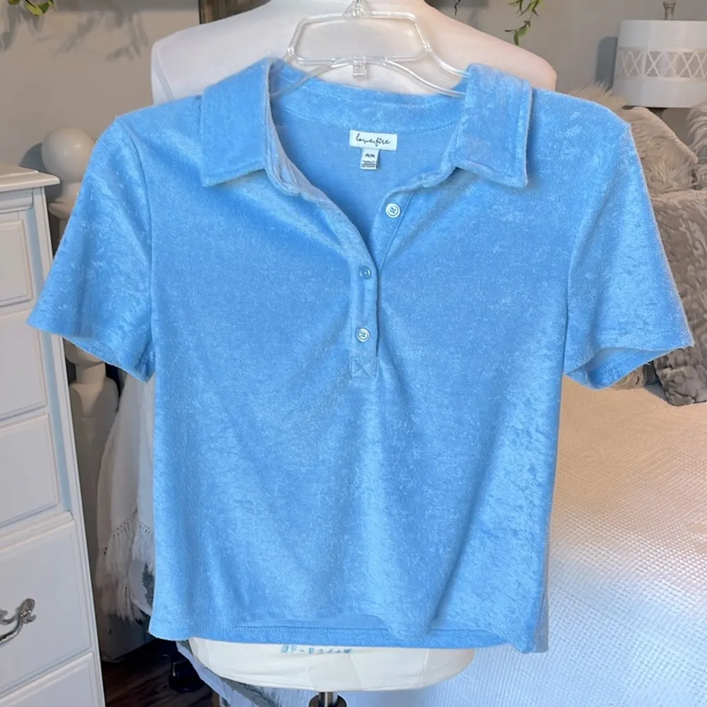 Baby Blue Terry Top Button Polo Short Sleeve Crop Womens Small NEW - Image 6