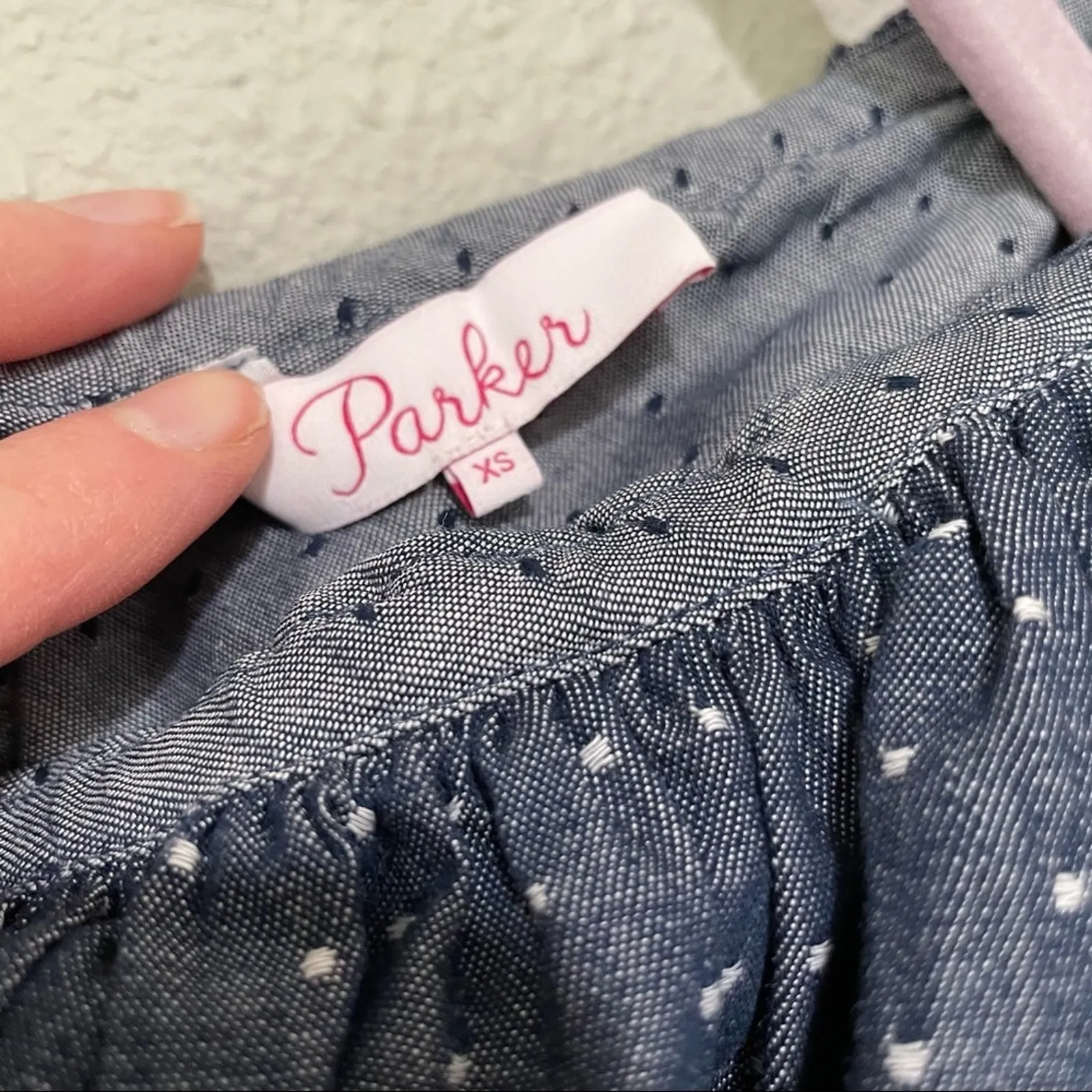 Parker Polka Dot Chambray One Shoulder Ruffled Blouse Womens XS Swiss Dot Blue - Image 4