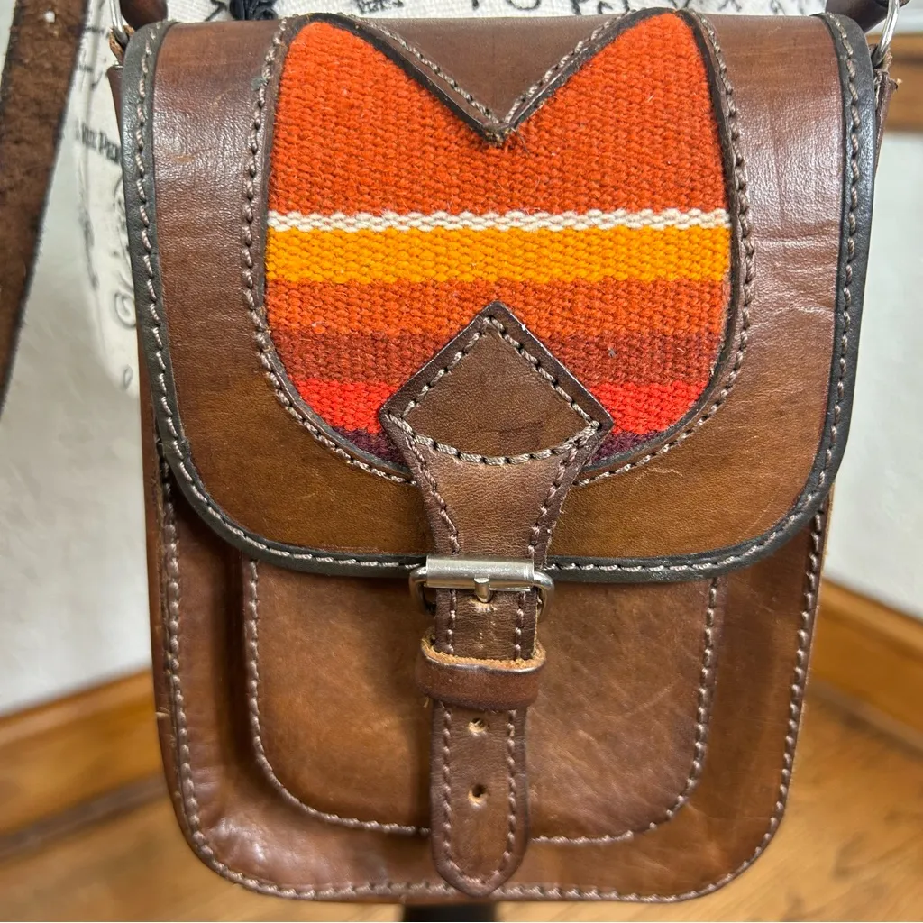 HANDMADE ARTESIAN Indigenous Brown Leather Southwestern Woven BOHO Crossbody Bag - Image 2