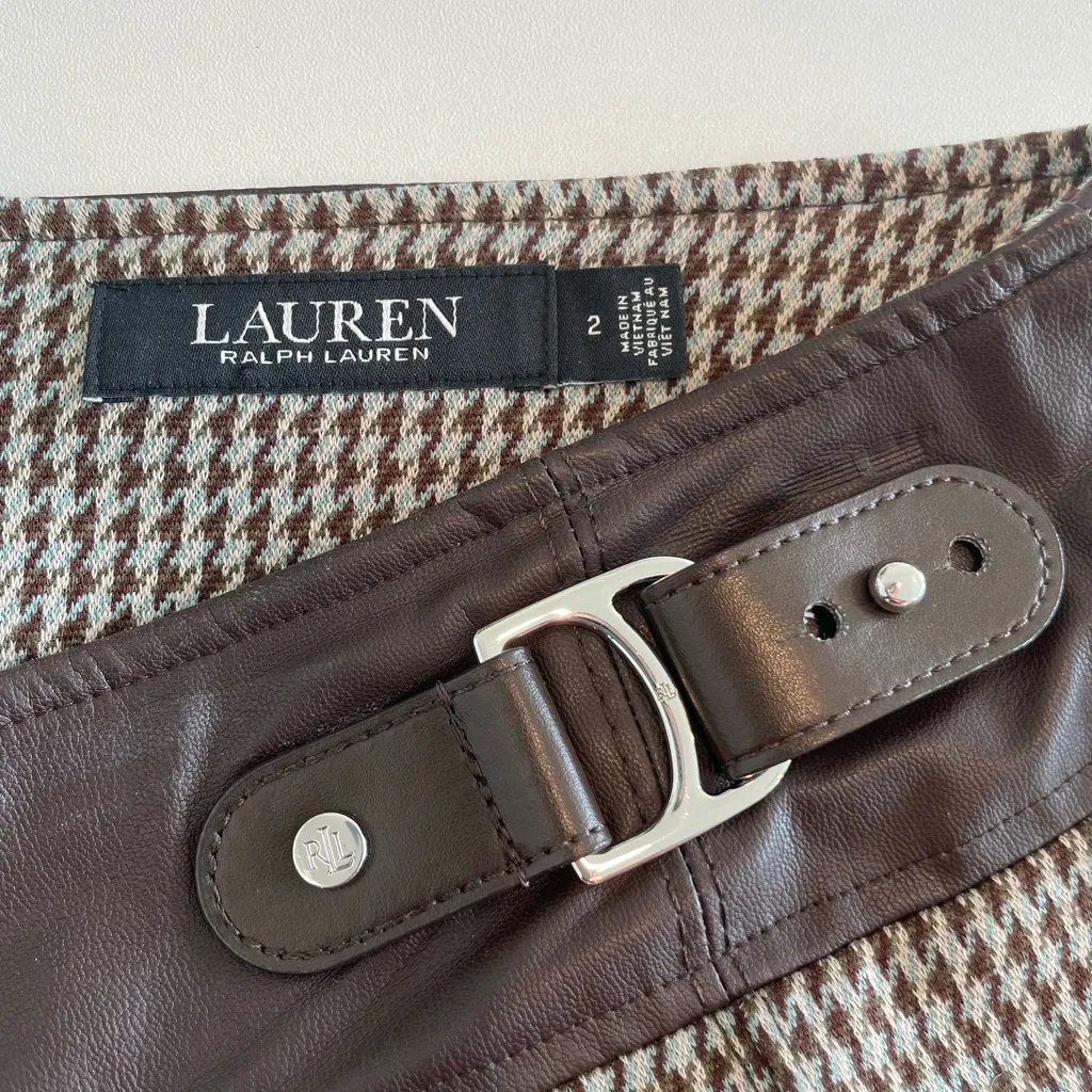 Ralph Lauren Brown Houndstooth Pencil Skirt Faux Leather Belt Equestrian Preppy - Image 2