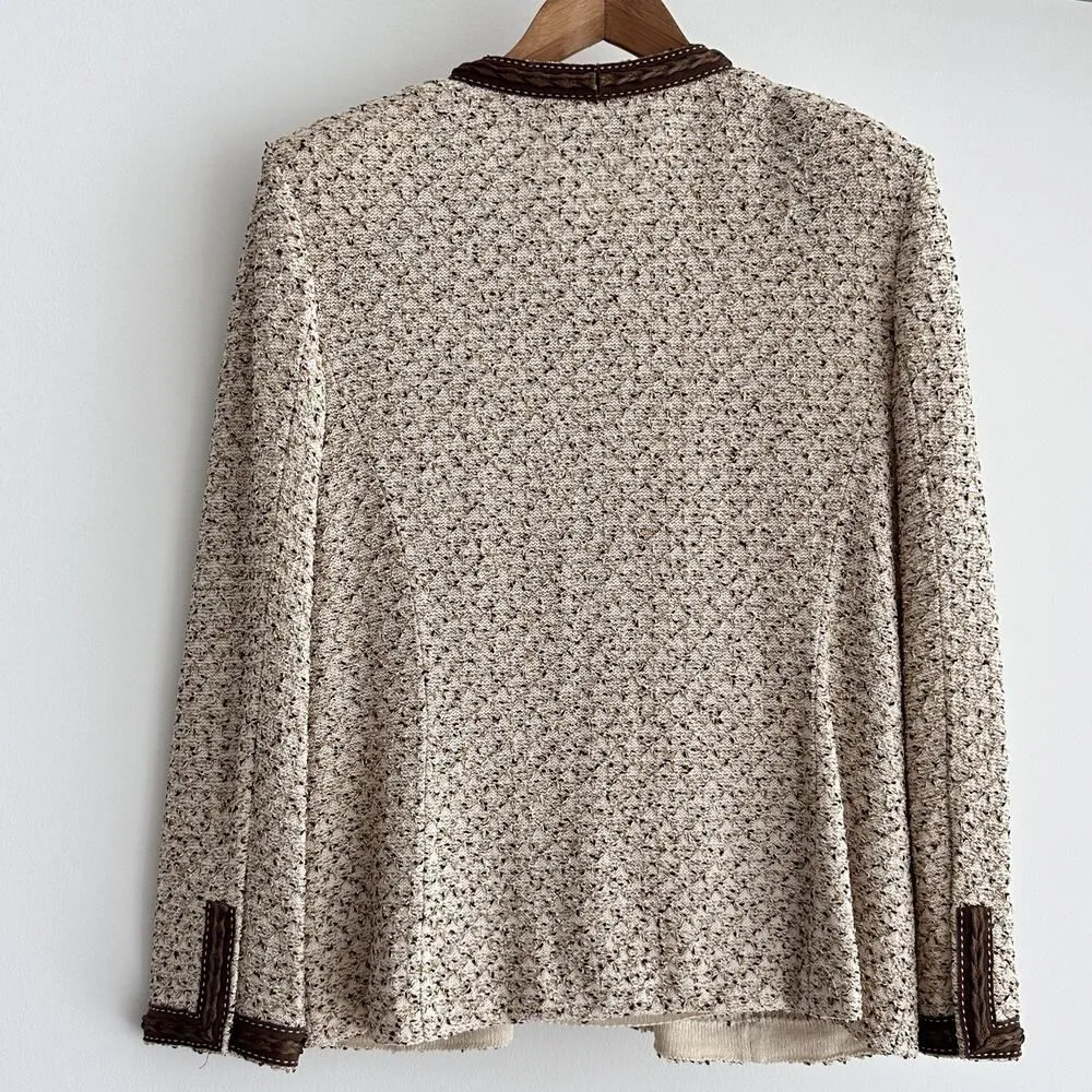 St John Jacket Womens 12 Brown Tweed Pattern Knit Zip Front Braided Trim Elegant - Image 4