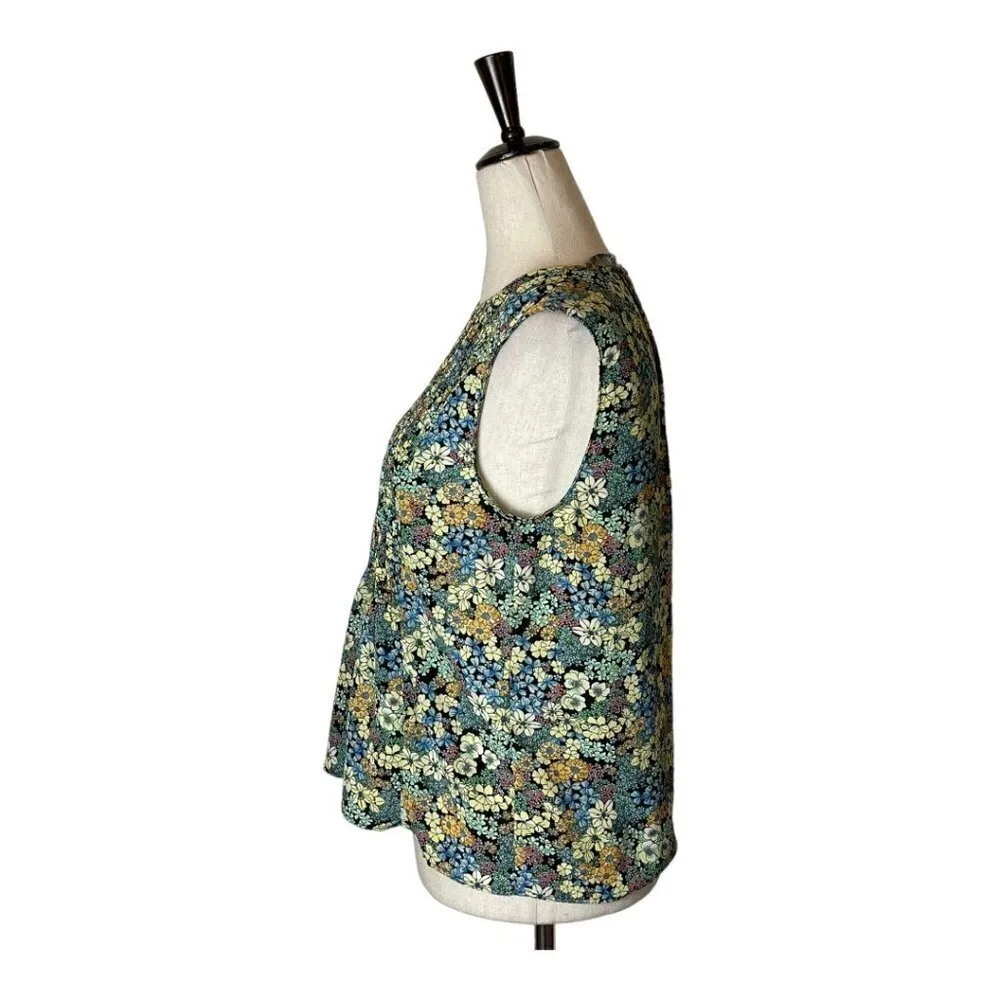 Zara Yellow And Green Floral Print Smocked‎ Bodice Keyhole Neck Blouse Size XS - Image 6