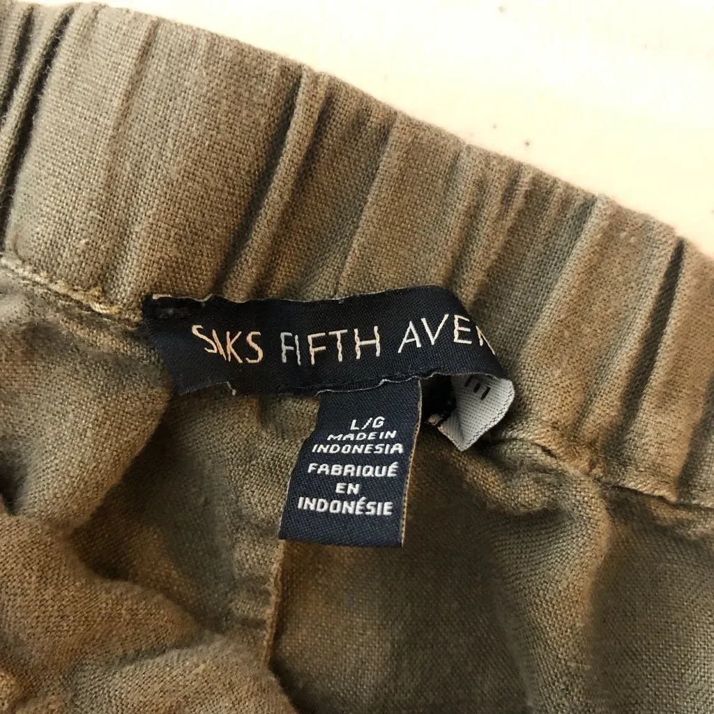 Saks Fifth Avenue Womens Shorts Pull On Linen Zip Pockets Olive Green L - Image 3