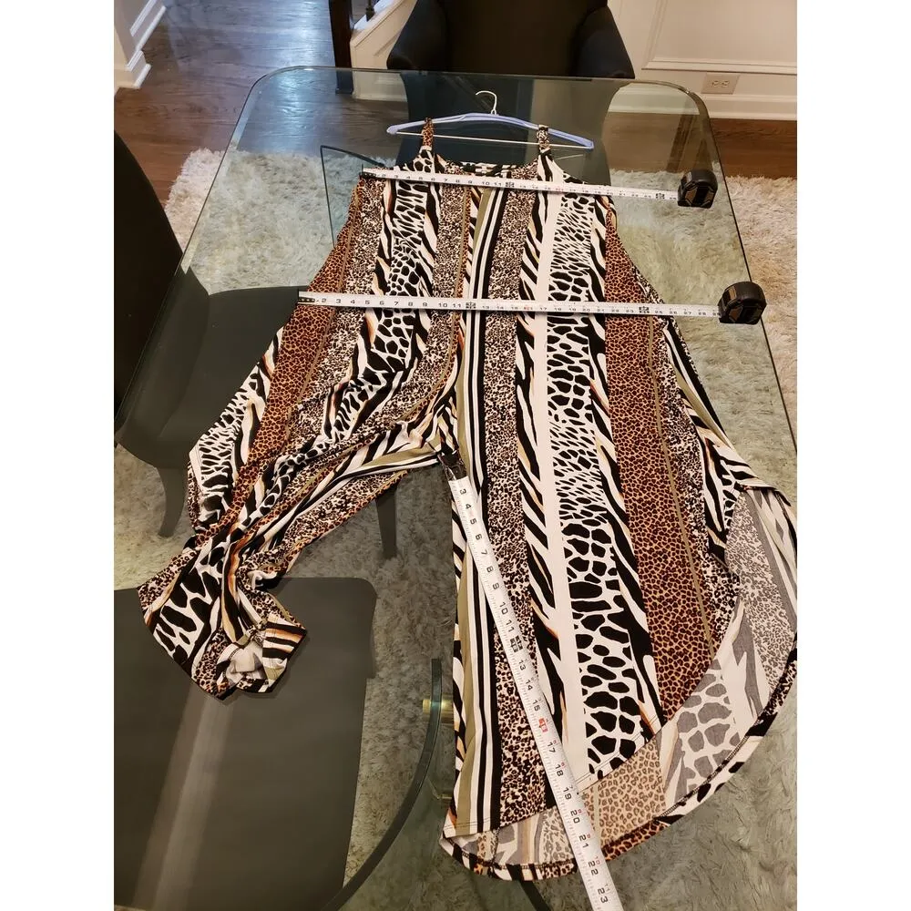 Women's Jumpsuit Multicolor Animal Print Strapless Flared Leg Cutout V XL Black - Image 7
