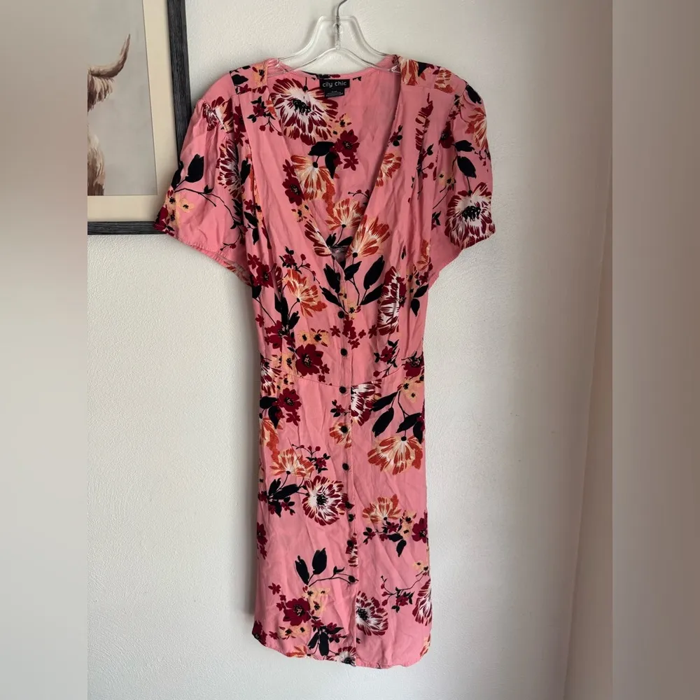 City Chic Botanical Faux Wrap Dress Pink - Image 4