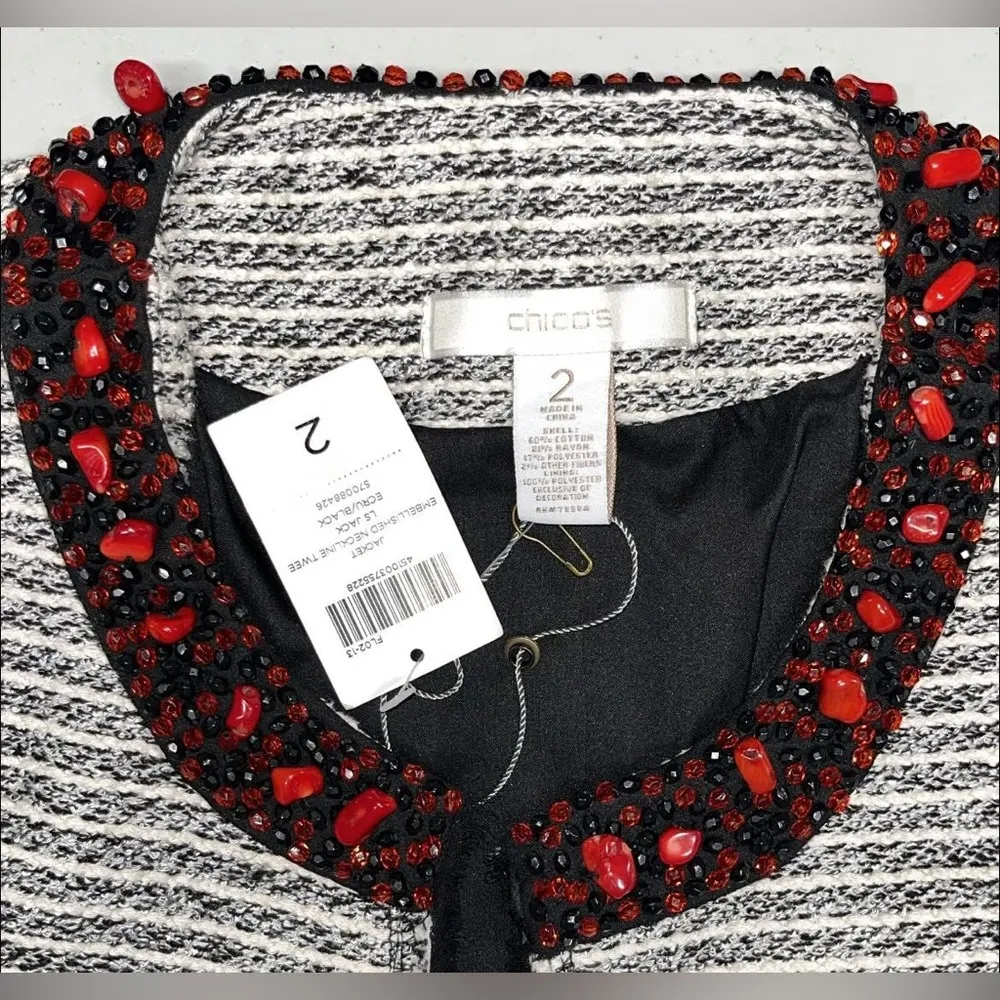 Chico’s NWT Size 2 (L) Black Tweed - Red Embellished Open Front Jacket Blazer - Image 4