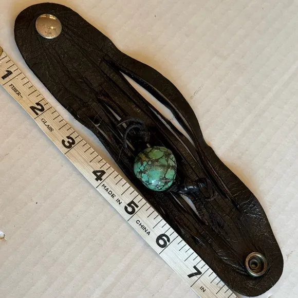 Black Leather Bracelet with Turquoise Stone - Image 2