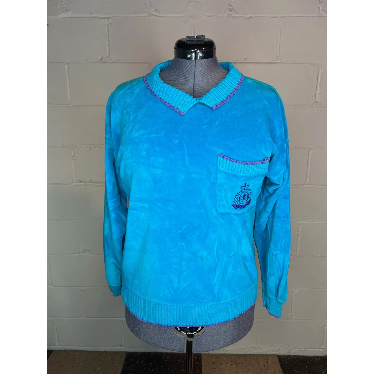 polo shirt velour blue purple embroidered preppy distressed Size M - Image 10