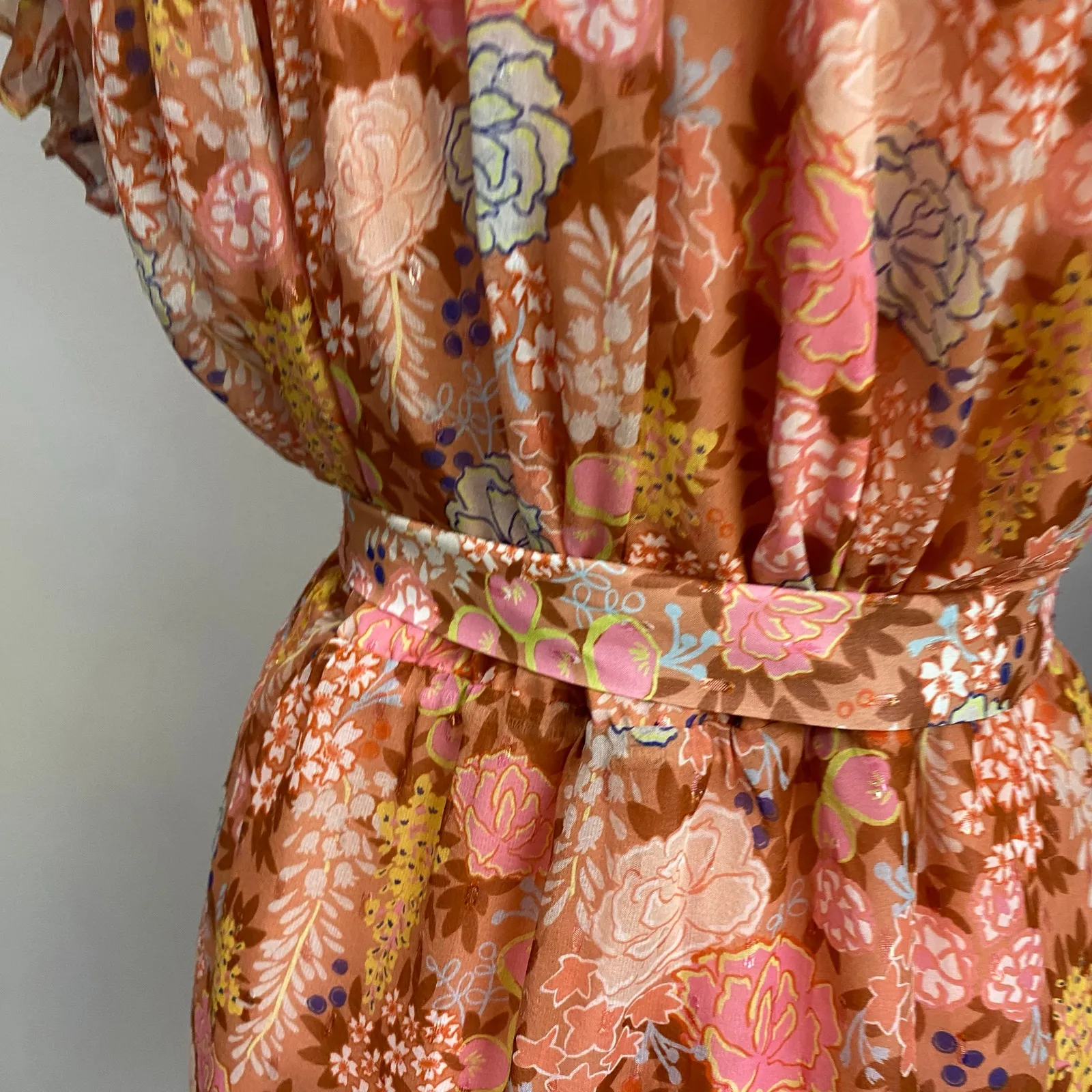 Marie Oliver Thea Silk Floral Mini Dress M Peachy Peonies Belted Ruffle Boho - Image 8