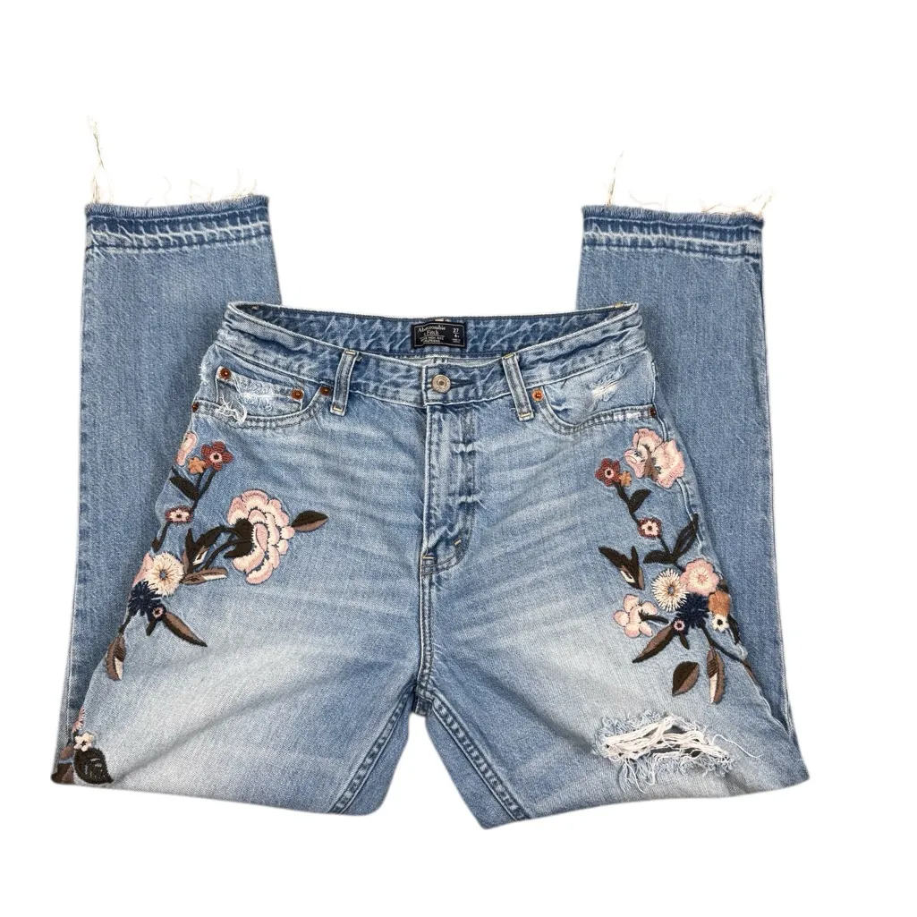 Abercrombie & Fitch Annie High Rise Girlfriend Embroidered Distressed Jeans 4 R - Image 4