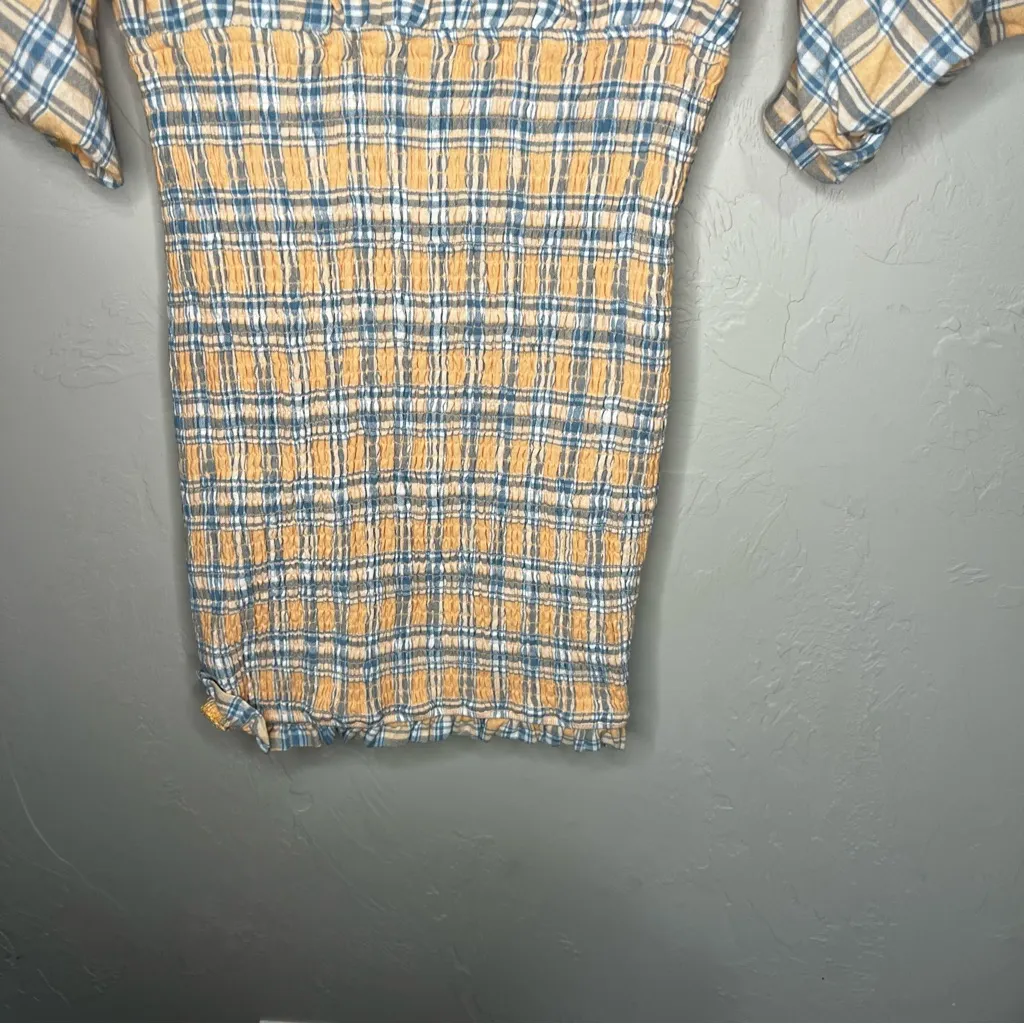 Mable Southern Peach Plaid Deep V Neck Smocked Skirt Puff Sleeve Mini Dress Orange - Image 4