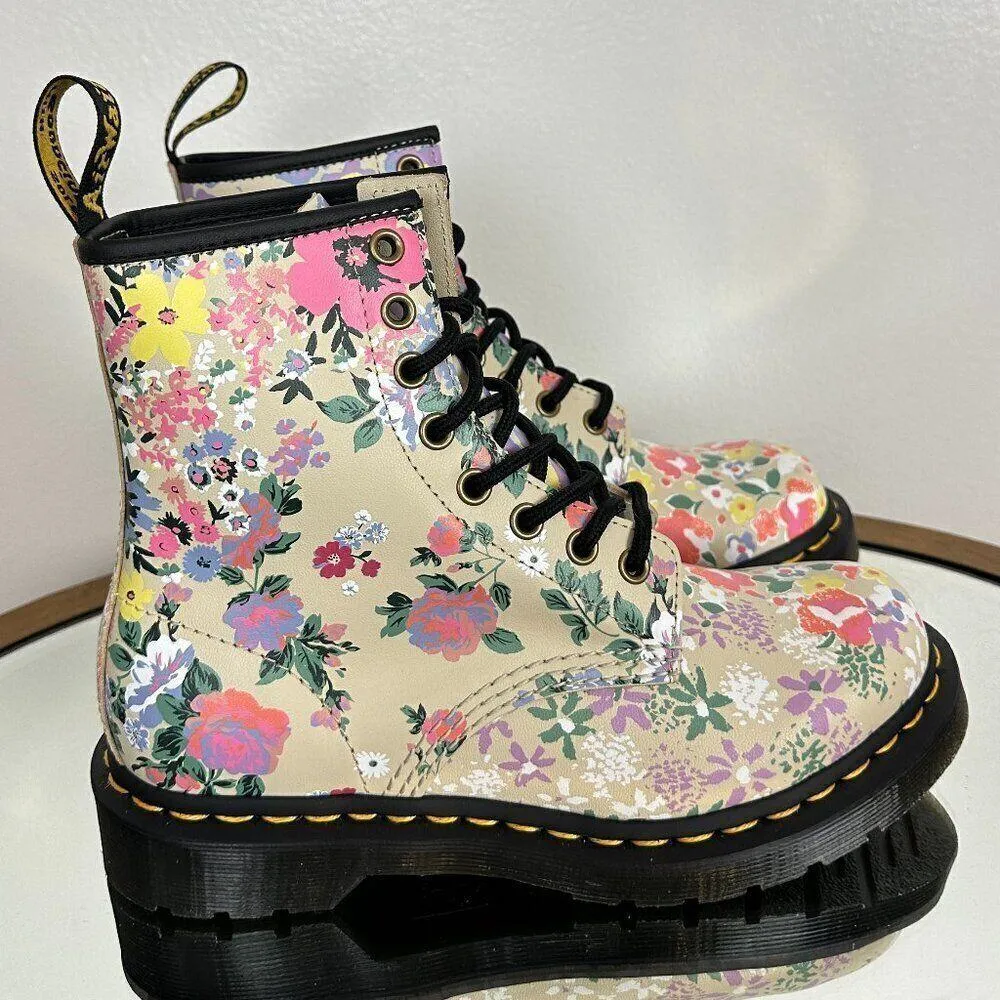 DR. MARTENS 1460 Floral Mash Up Leather Lace Up Boots Parchment Beige Backhand - Image 7