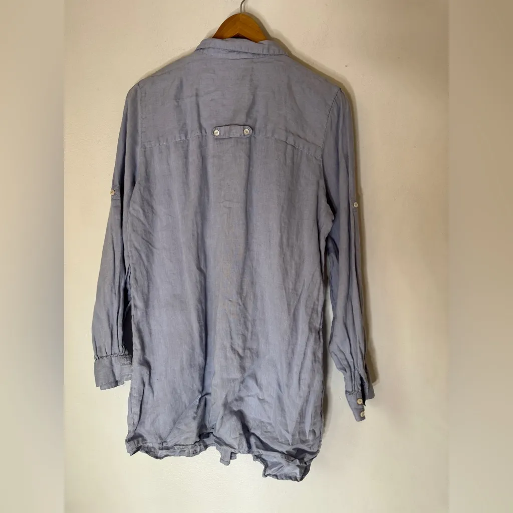soft surroundings‎ Large Linen Pleated Front Collar Button Down Tunic Top Blue - Image 2