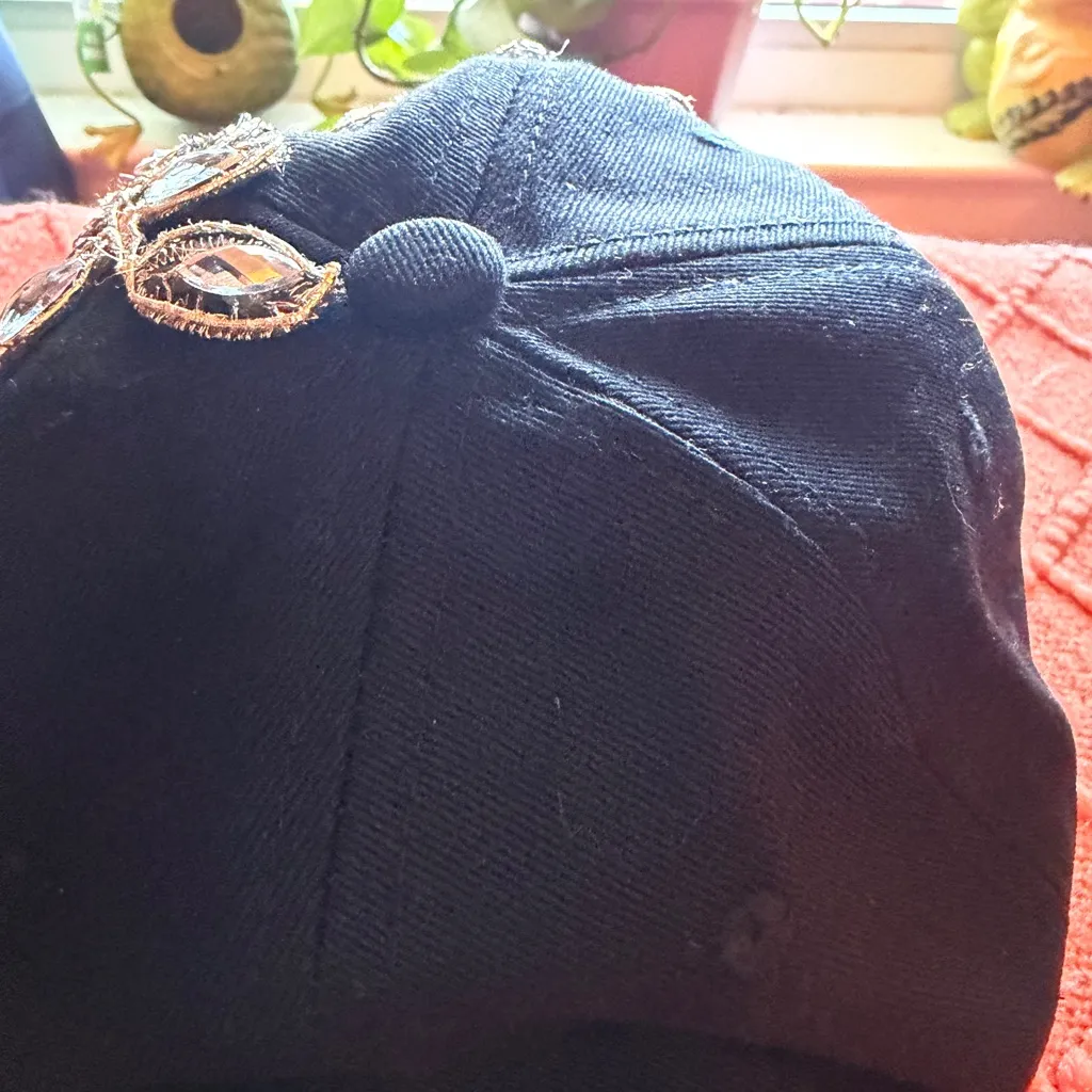 Embellished Black Cap with Floral Design w/ rhinestones. - Image 11
