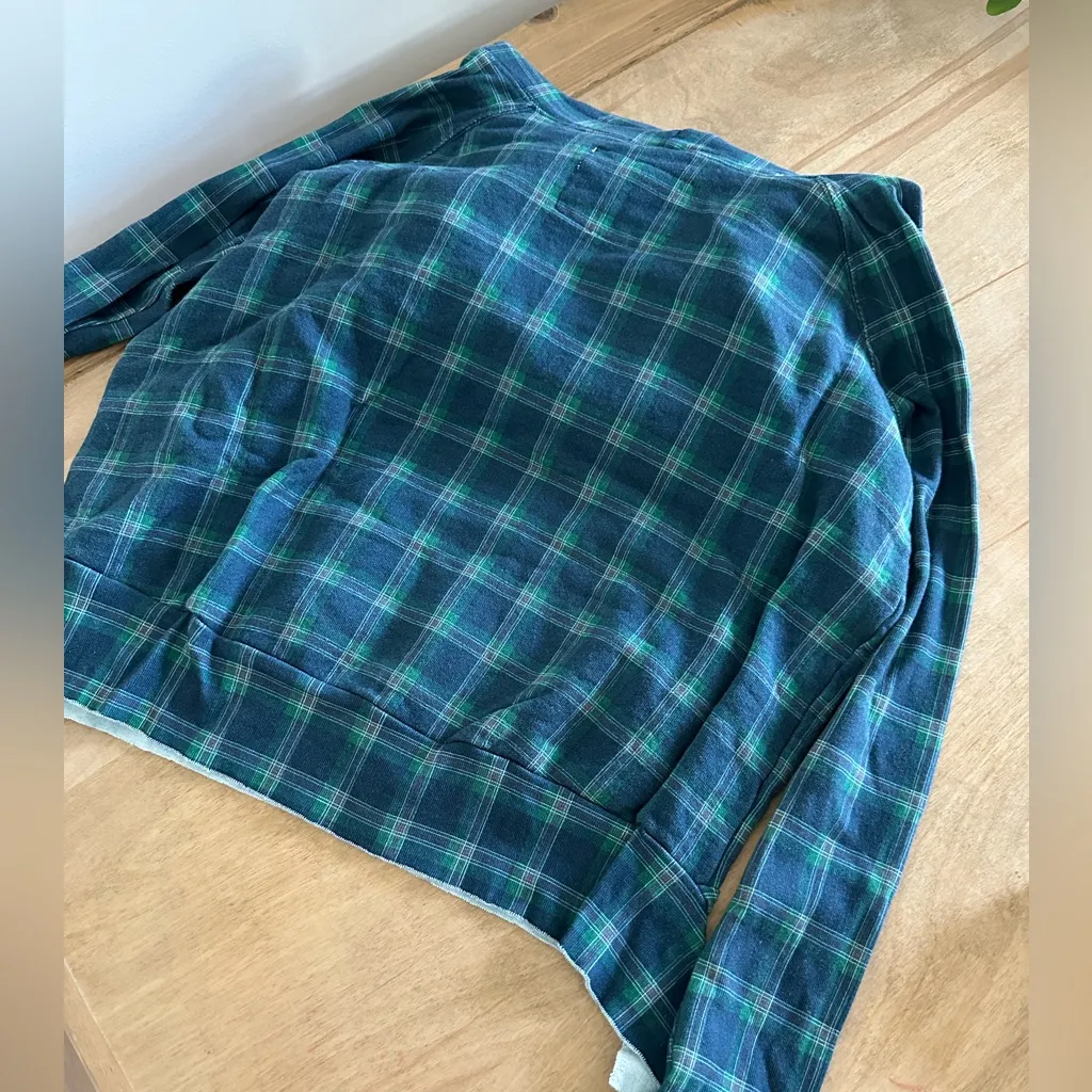 $198 Frank and Eileen Tee Lab Medium Pullover distressed hoodie - Blue Plaid - Image 5