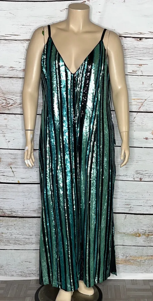 Johnny Wujek x Prom Collection Nwt Sz 3X Turquoise Sequin Stripe Maxi Dress Gown Black - New with Tags - from Gabrielle