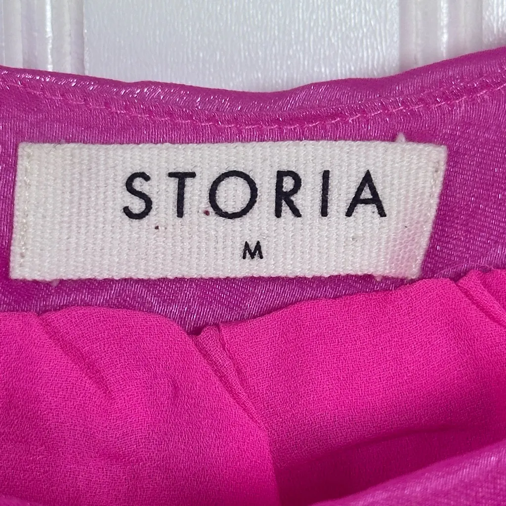 STORIA Hot Pink/Fuchsia Metallic Square Neck Puff Sleeve Party Dress Size M NWOT - Image 4