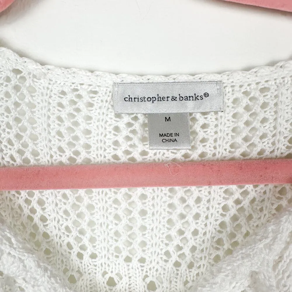 Christopher & Banks White Crochet Cover Up with Floral Hem Beach Sweater - Image 3