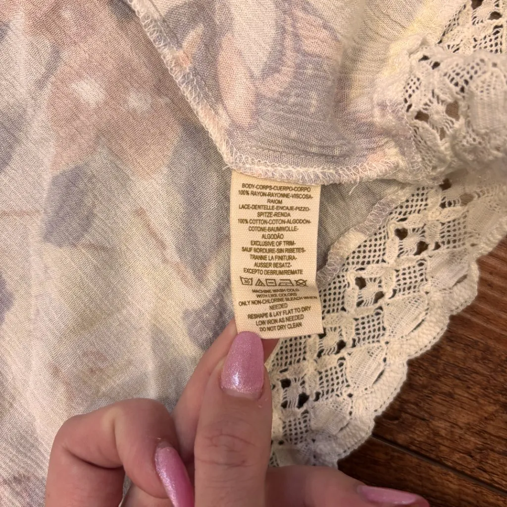 Free People Kimono Sz M Floral Pastel Lace Trim Duster Open Coverup Boho - Image 4