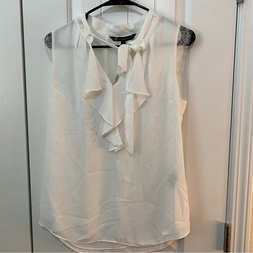 White House Black Market Cream Ruffled Tie‎ Front Blouse - Image 2