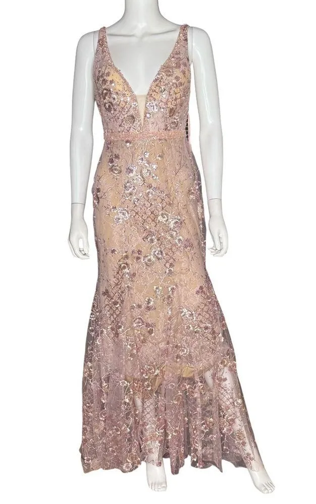 Mac Duggal Rose Pink Floral Embellished Sleeveless Plunge Neck Gown Women’s Sz 4 - Image 2