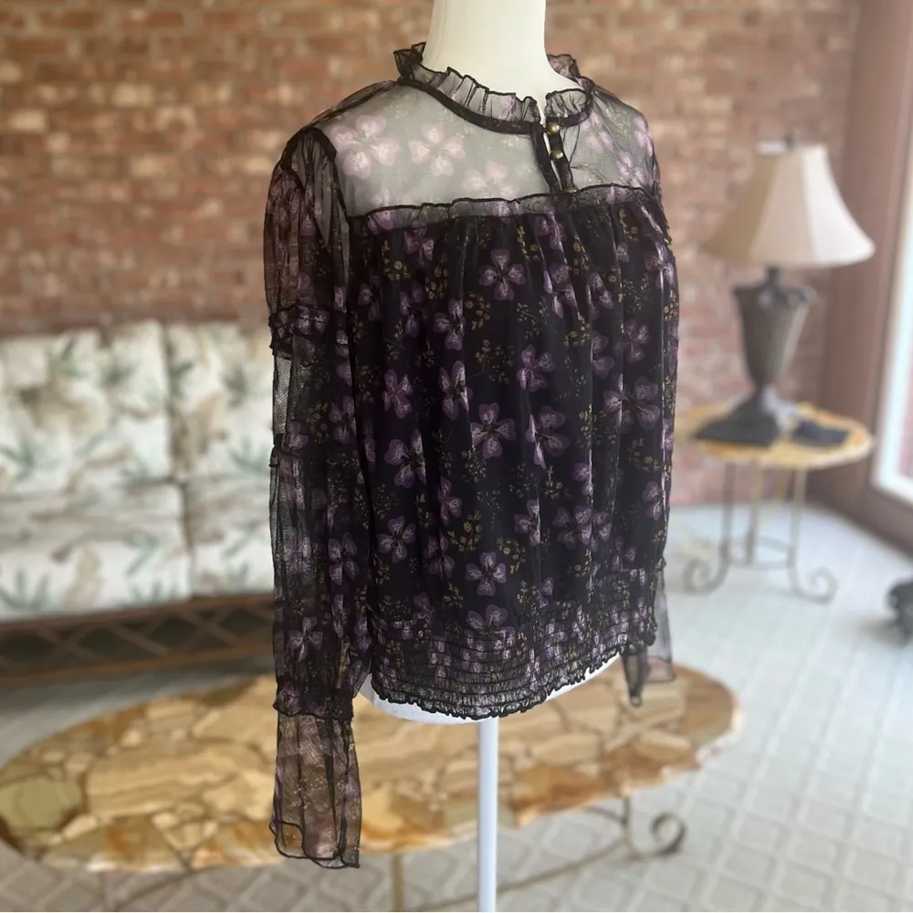 Calligraphie Black Purple Floral Mesh High Neck Smocked Top XL - Image 14