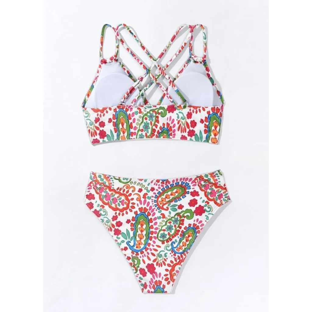Colorful Floral Push Up V Neck Bikini Crisscross Back Two-Piece Swimsuit LARGE - Image 4