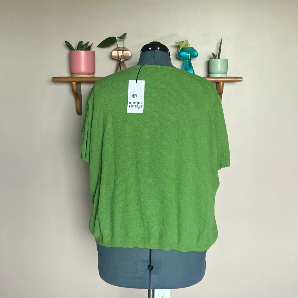Unique Vintage Green Sweater w/ Jewel Buttons and Peach Embroidery Size 2X - Image 2