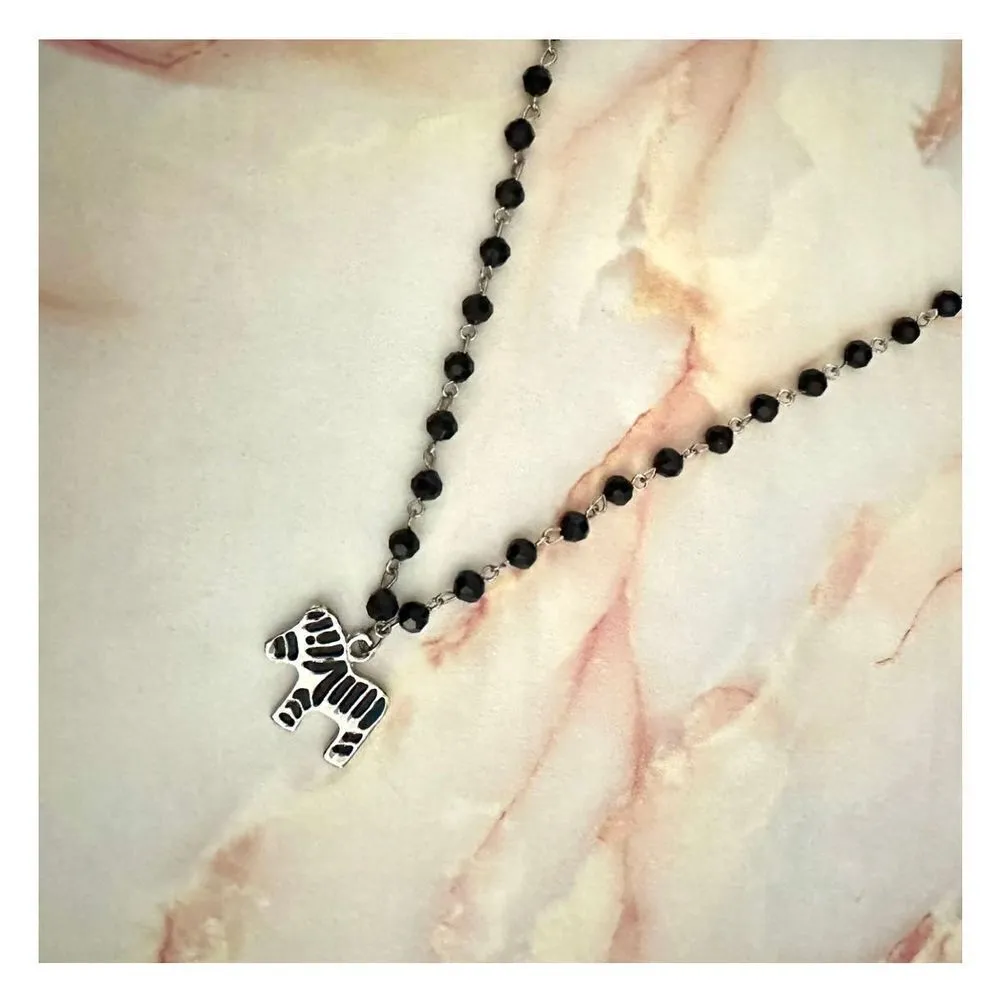 Silver tone black beaded zebra pendant necklace - Image 6