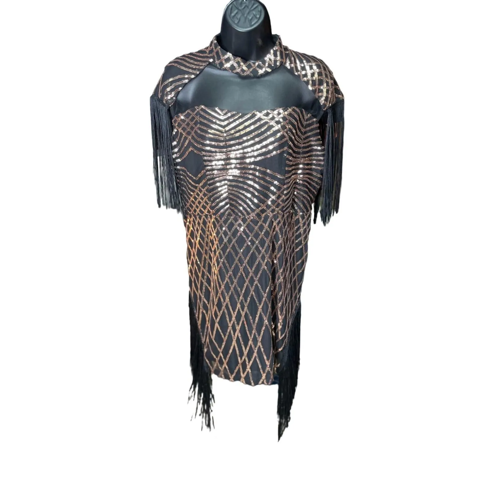 Womens Black Tassel Sleeve/Hem O Neck Evening/Cocktail Mini Dress Black Gold Size L - Image 2