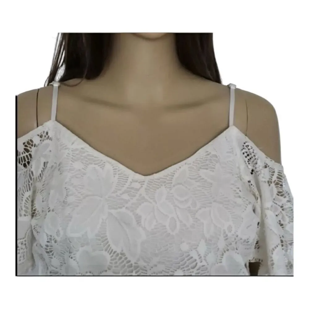 Rue21 Beige Lace Romper Size S Cold Shoulder Summer Beach Floral Casual - Image 8