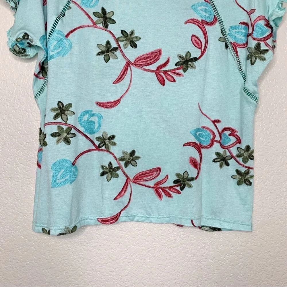 LIV Los Angeles Floral Embroidered Short Sleeves Top Green Size M - Image 5