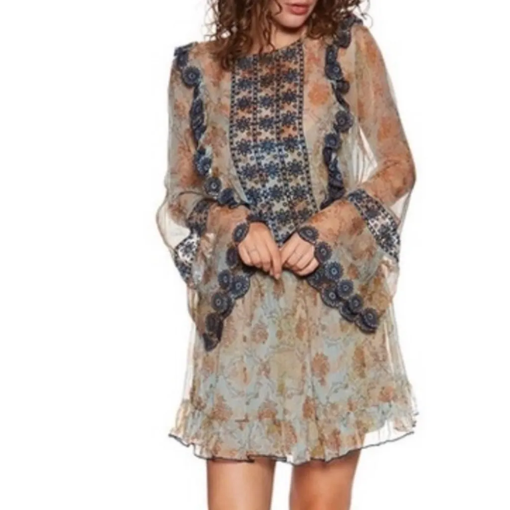 Free People Country Roads Mini Dress Lightweight Embroidered Ruffle Blue Size XS - Image 11