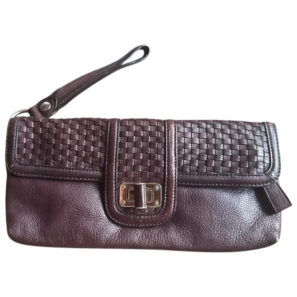 ELLIOTT LUCCA Leather brown Woven Envelope Rectangle Flip Handbag Clutch purse - Image 12