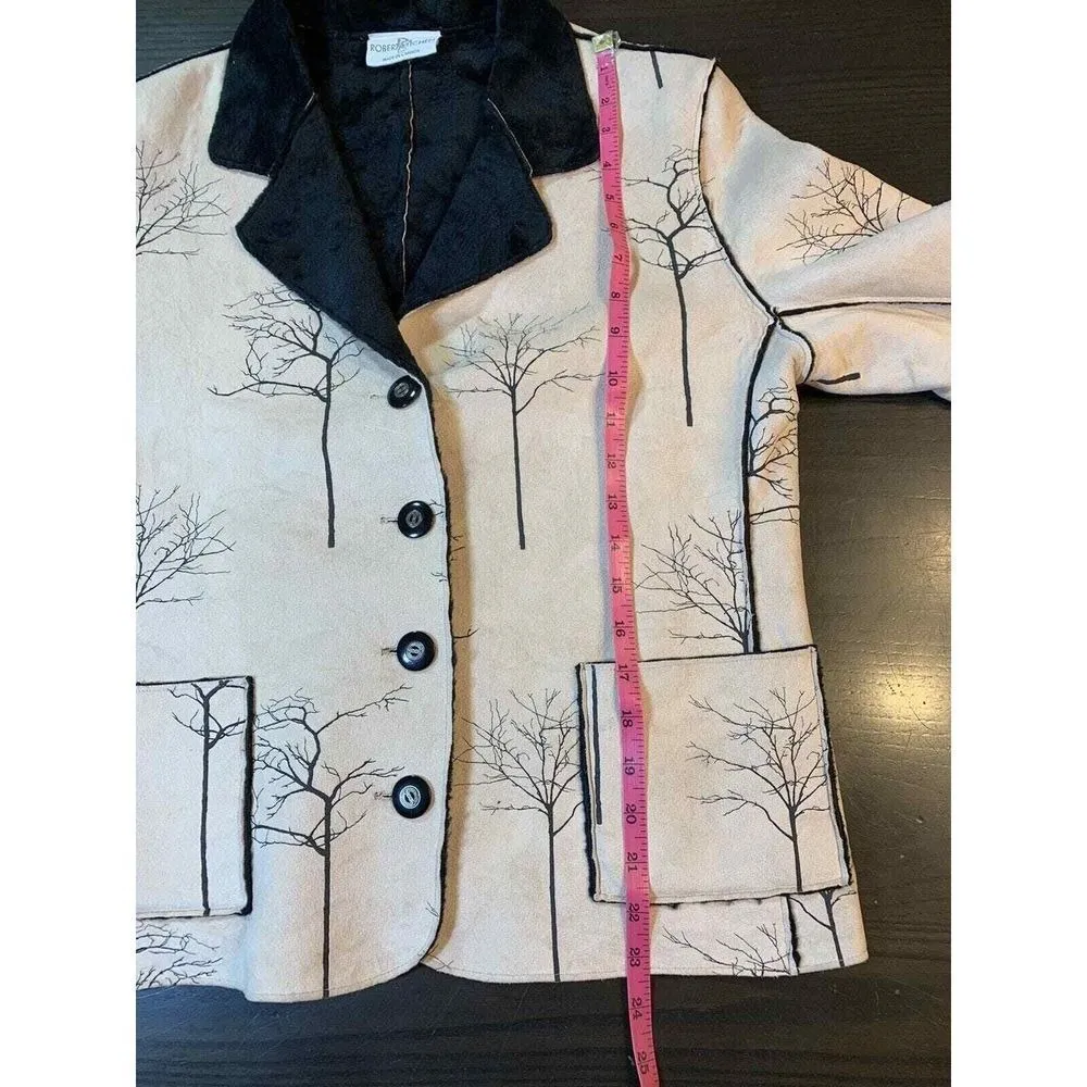 Robert Kitchen Suede Jacket Women's Small Canada Coat Faux Fur‎ Cream Trees Black - Image 11