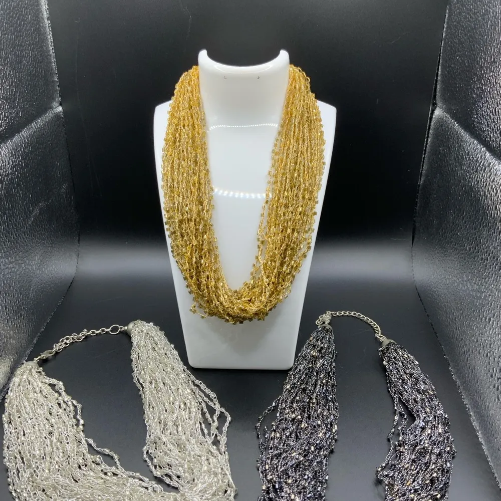 Set of 3 multi strand beaded necklaces gold/silver/black 16” ' Black - Image 2