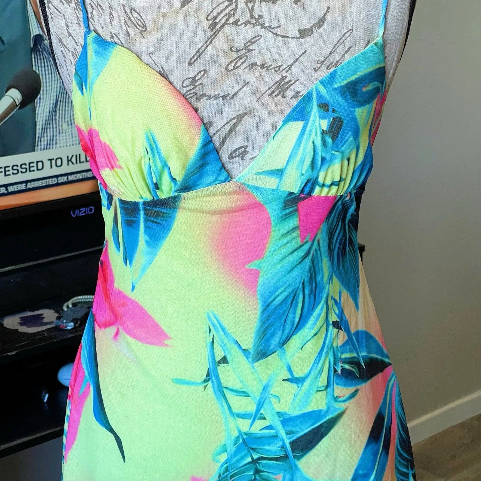 Bershka Womens Cami Mini Dress Sz Medium Tropical Floral Beach Resort Festival - Image 15