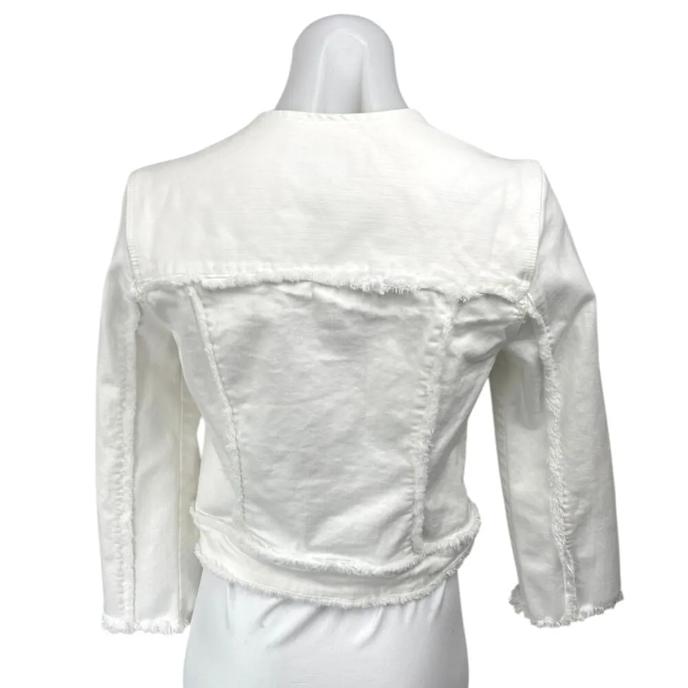 Liverpool Women's White Frayed Fringe Zip Up Long Sleeve Denim Jean Jacket Sz XS - Image 2