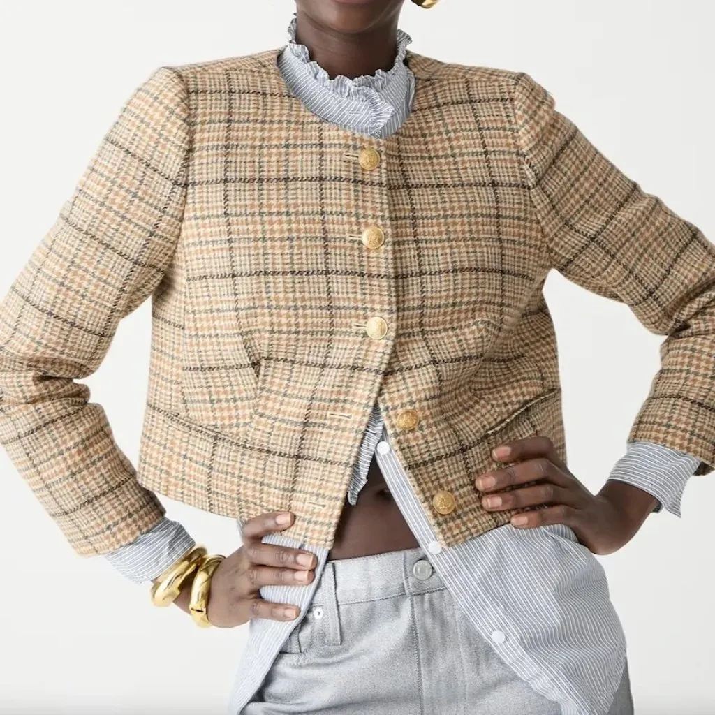 NWT J.Crew Louisa Lady Jacket in Brown Ivory Sherlock Plaid English Wool 4 - Image 2
