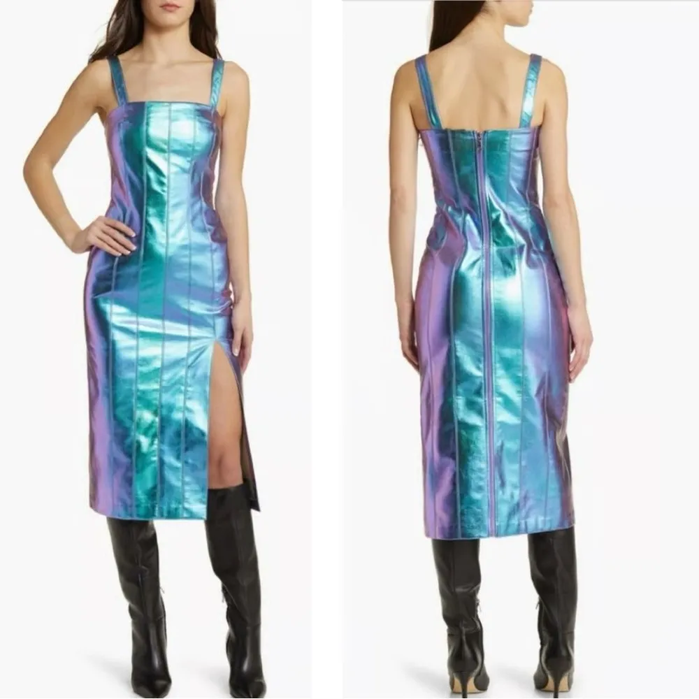 NWT Somethingnew Revolve metallic Iridescent Heather midi faux leather dress L Blue Size L - Image 5