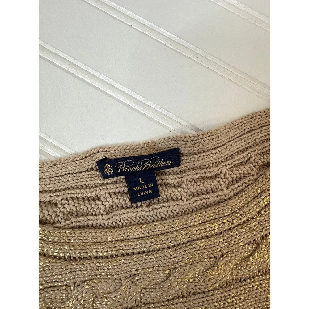 Brook Brothers Tan Metallic Cable Knit Crew Neck Pullover Sweater Womens Sz L - Image 4