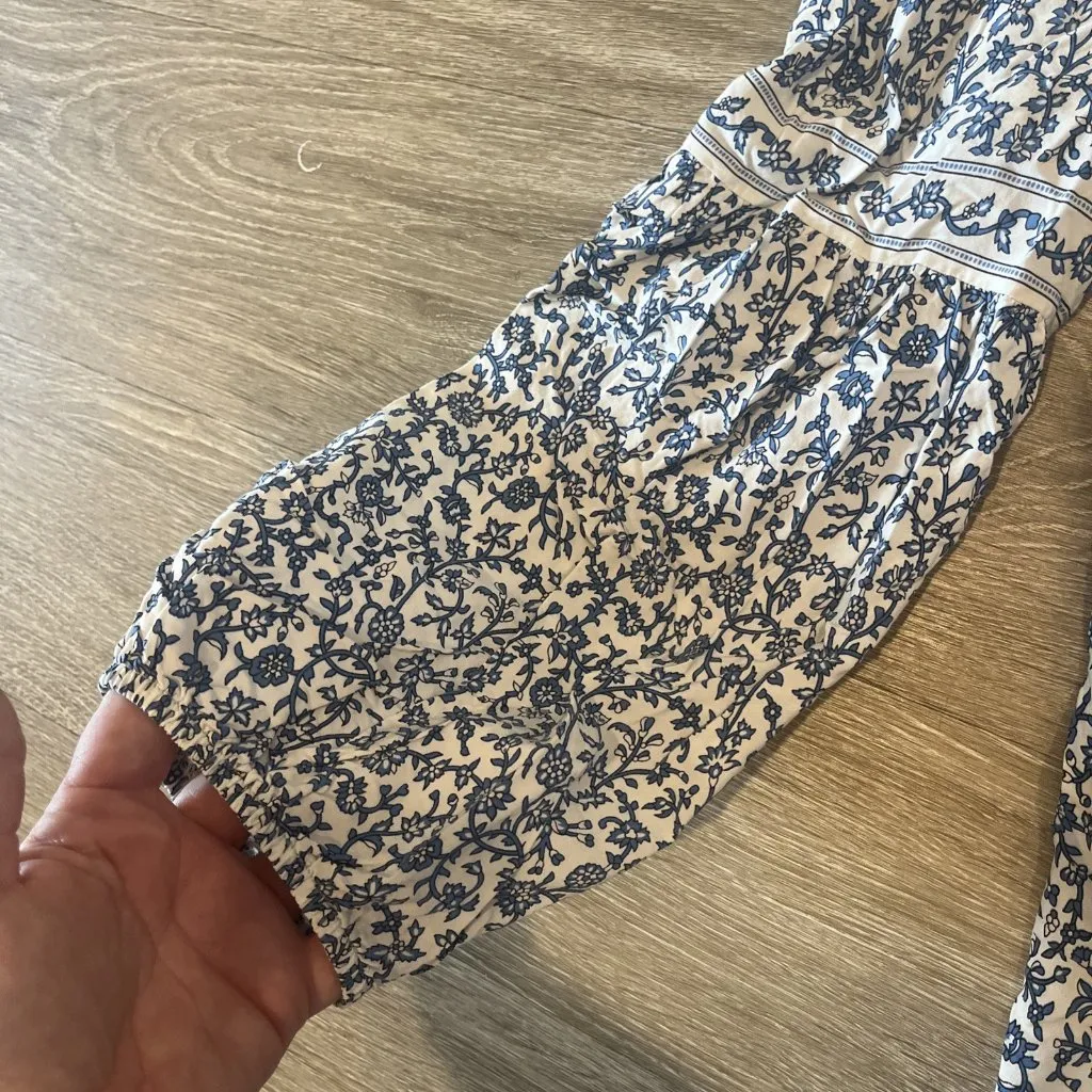 Max Studio XL Floral Blouse Balloon Sleeve Peplum Top Cottagecore Boho Blue - Image 5