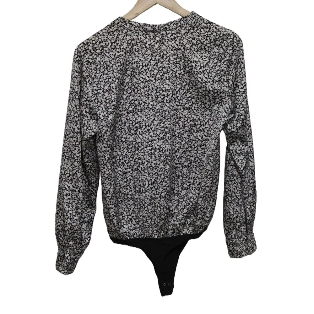 Womens Abercrombie & Fitch Black White Floral V-Neck Long Sleeve Bodysuit Size M - Image 2